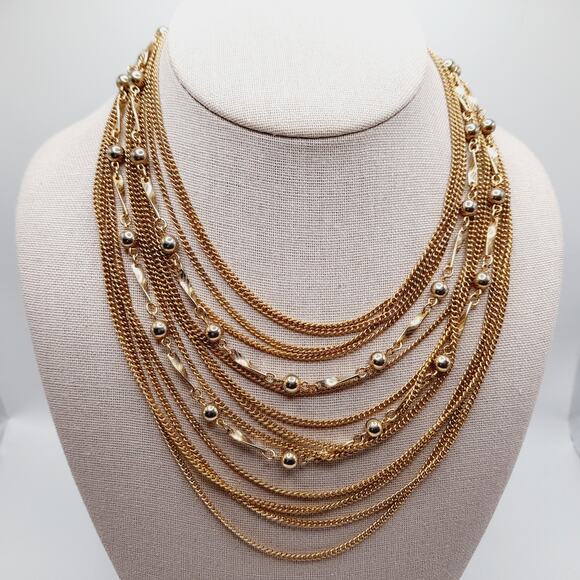 Japan Vintage 14-Strand Gold Tone Layered Necklace 15 Inch Retro - Picture 2 of 11